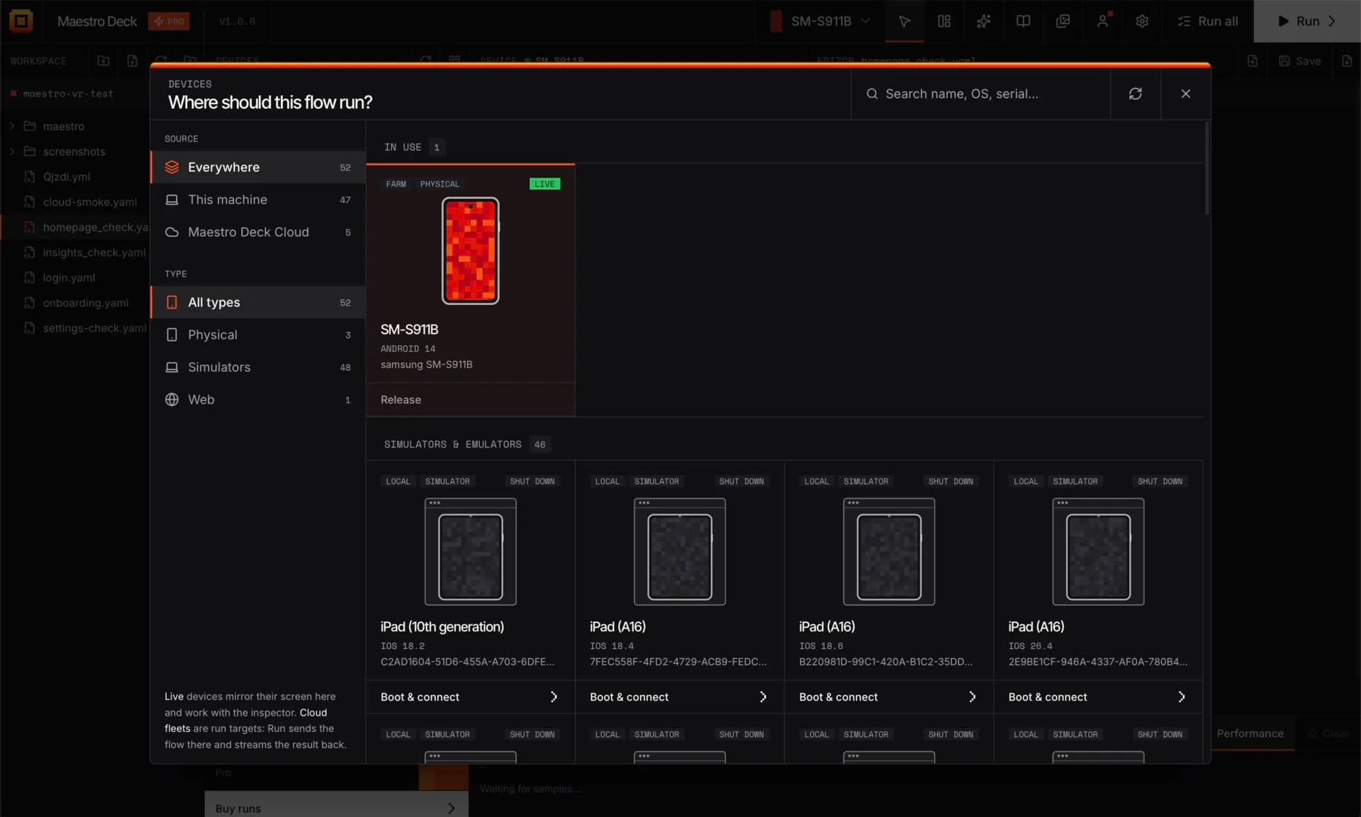 Maestro Deck device picker listing physical devices, simulators and web browsers