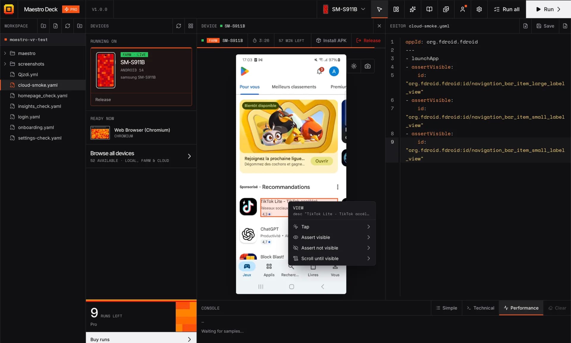 Maestro Deck Inspector mode: a live Android device next to the flow editor, with the action menu open on an element